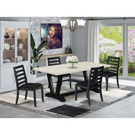 East West Furniture V627X1624-5 5-piece Dining Room Table Set included a Rectangular Kitchen Table and 4 Black Linen Fabric stackable Chair Wire Brushed Black Finish.