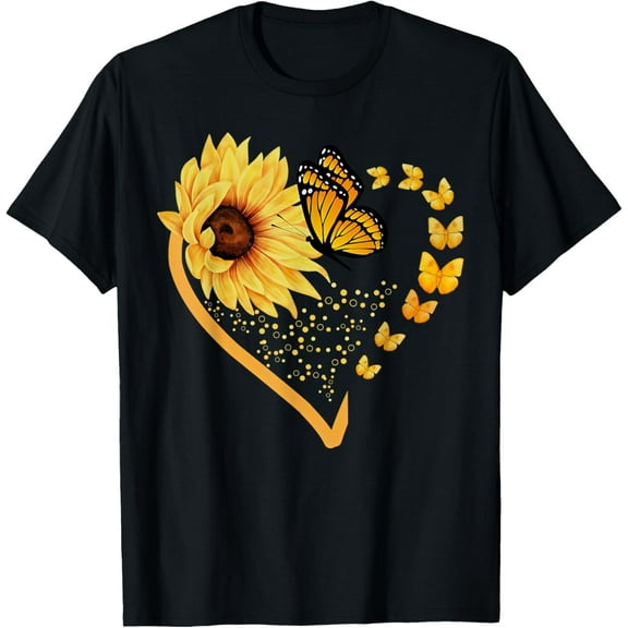 Sunflower Butterfly Heart Summer Floral Girls Women Kids T-ShirtMen and women, Black T-shirt, size: Extra large