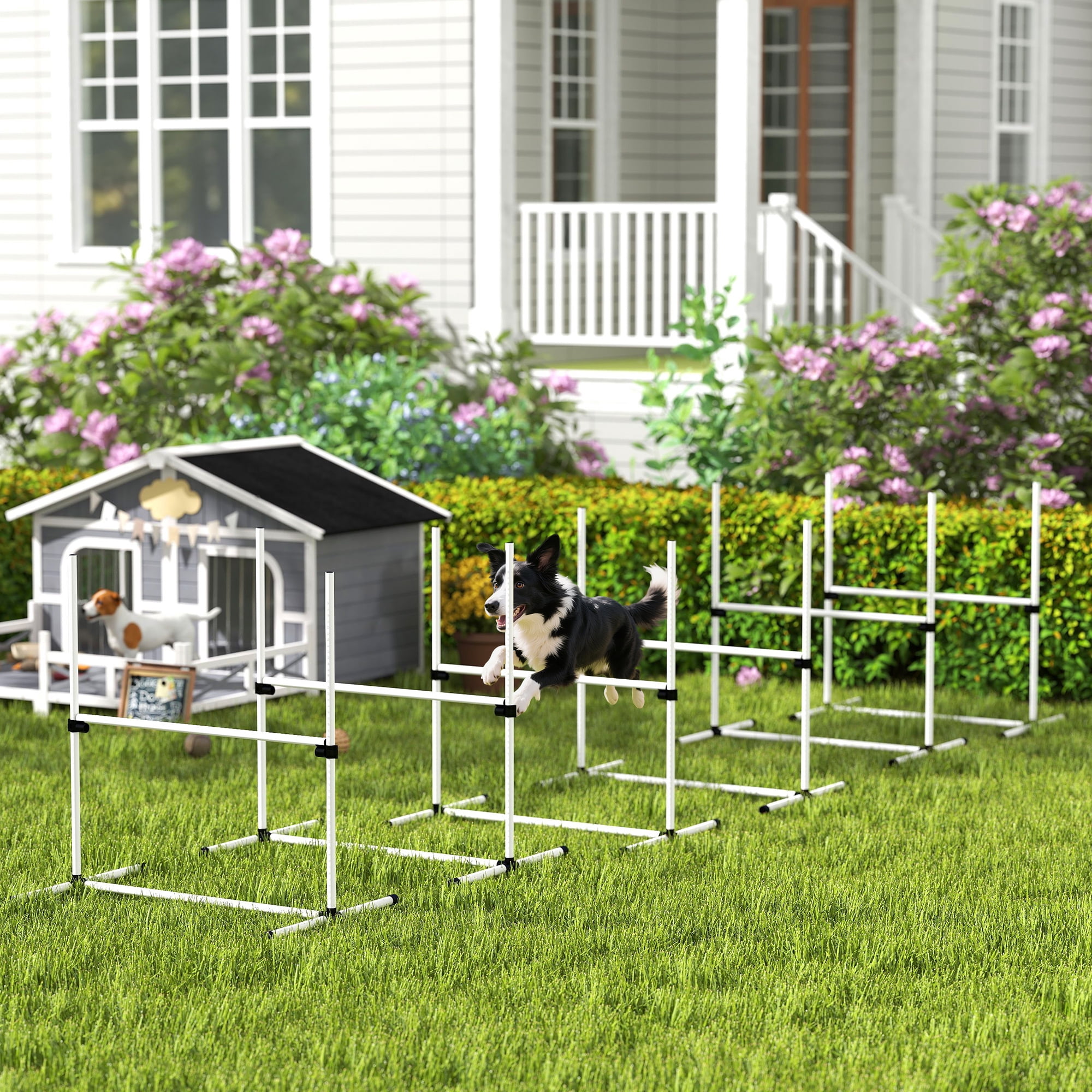 6 Piece Dog Agility Training Equipment for Dog Agility Course with Adjustable Height Jump Bars, Included Carry Bag, & Displacing Top Bar, White