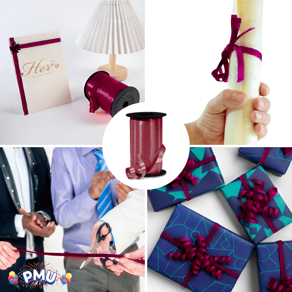 PMU 1500 Yards x 3/8in Burgundy Crimped Curling Ribbon String for Gift Wrapping Ribbon Balloon String Birthday Celebration Party Presents Decor, Festival Art Craft Accessories (6-250 Yard Rolls)