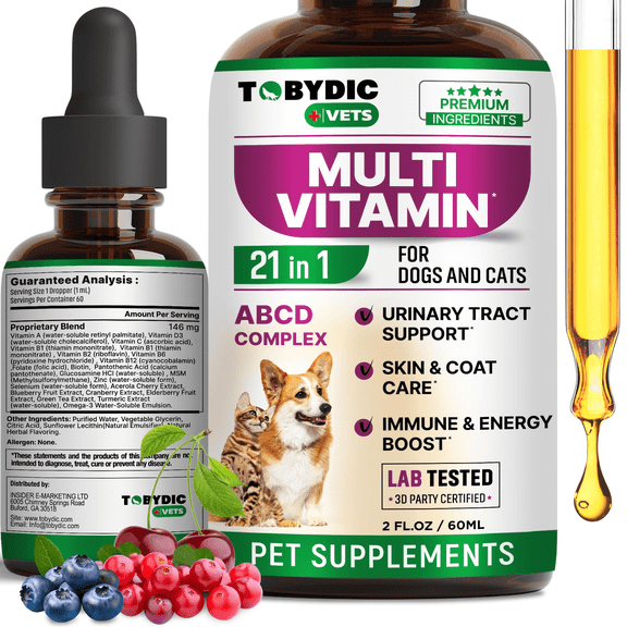 Cat & Dog Multivitamin - 15 in 1 Pet Supplement with Cranberry & Glucosamine - Support for Urinary Tract Health, Bladder, Kidney, Skin & Coat and Joints