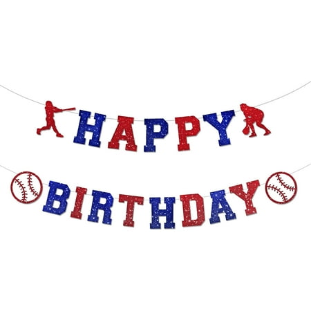 Highcool Baseball Banner – Red and Blue Glitter Letter Sign with Baseball and Player Silhouettes – Sports-Themed Party Decoration for Boys' Events