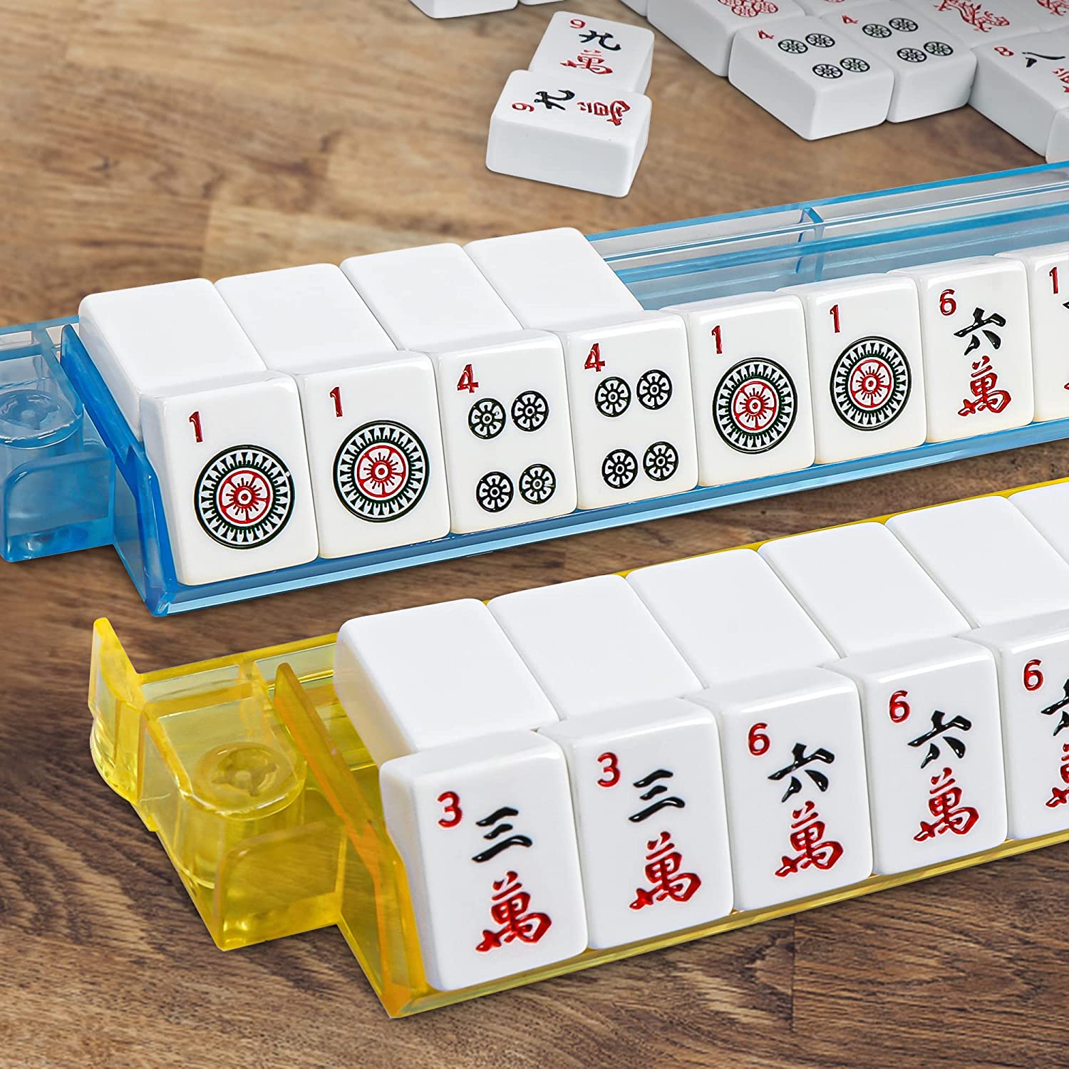 Themis American Mahjong Mah Jongg Set 166 Tiles 4 All-in-One Color Rack/Pushers Red Soft Bag Full Size Complete Mahjongg Ma Jong Set (Red)