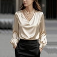 thumbnail image 2 of Satin Silk Blouse for Womens Trendy Ruched Long Sleeve V Neck Tie Dress Shirt Casual Loose Office Work T-Shirt, 2 of 6