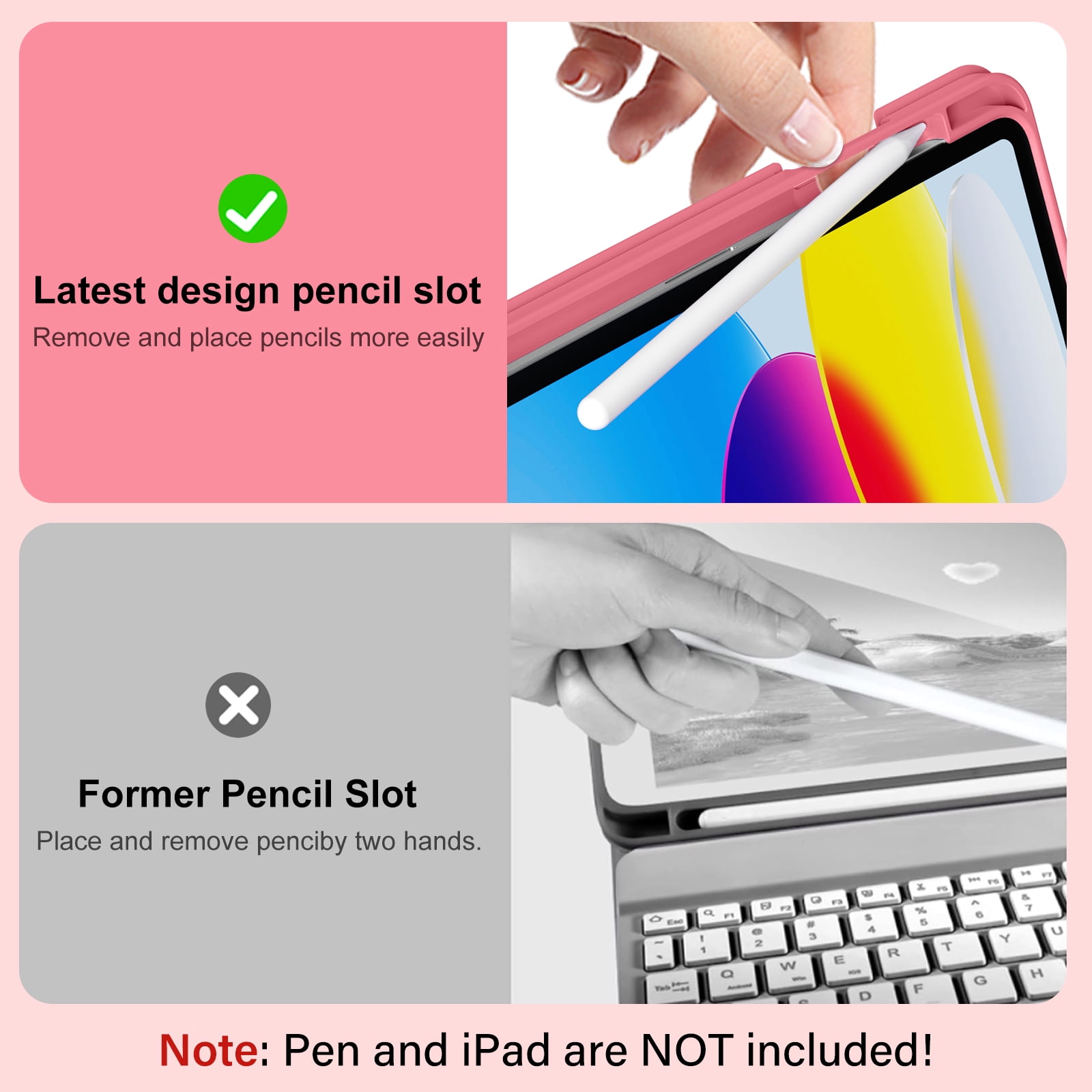 Kenke Case iPad (A16) 11th Generation 11 inch 2025,for iPad 10th Generation 10.9 Inch 2022 with Keyboard - 7 Colors Backlit Wireless Detachable, with Pencil Holder Keyboard Case, (Pink Red)