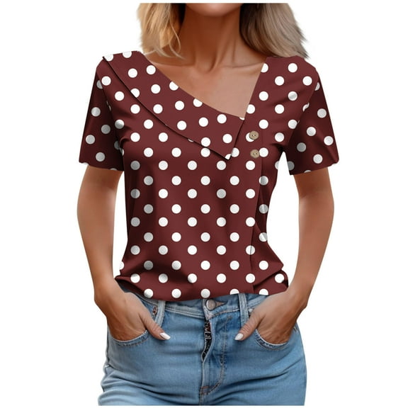 Womens Tops Under $10 Women's Retro Polka Point T-Shirts Fashion Slanted Collar Short Sleeve Tops Elegant Ladies Tees Going Out Clothes