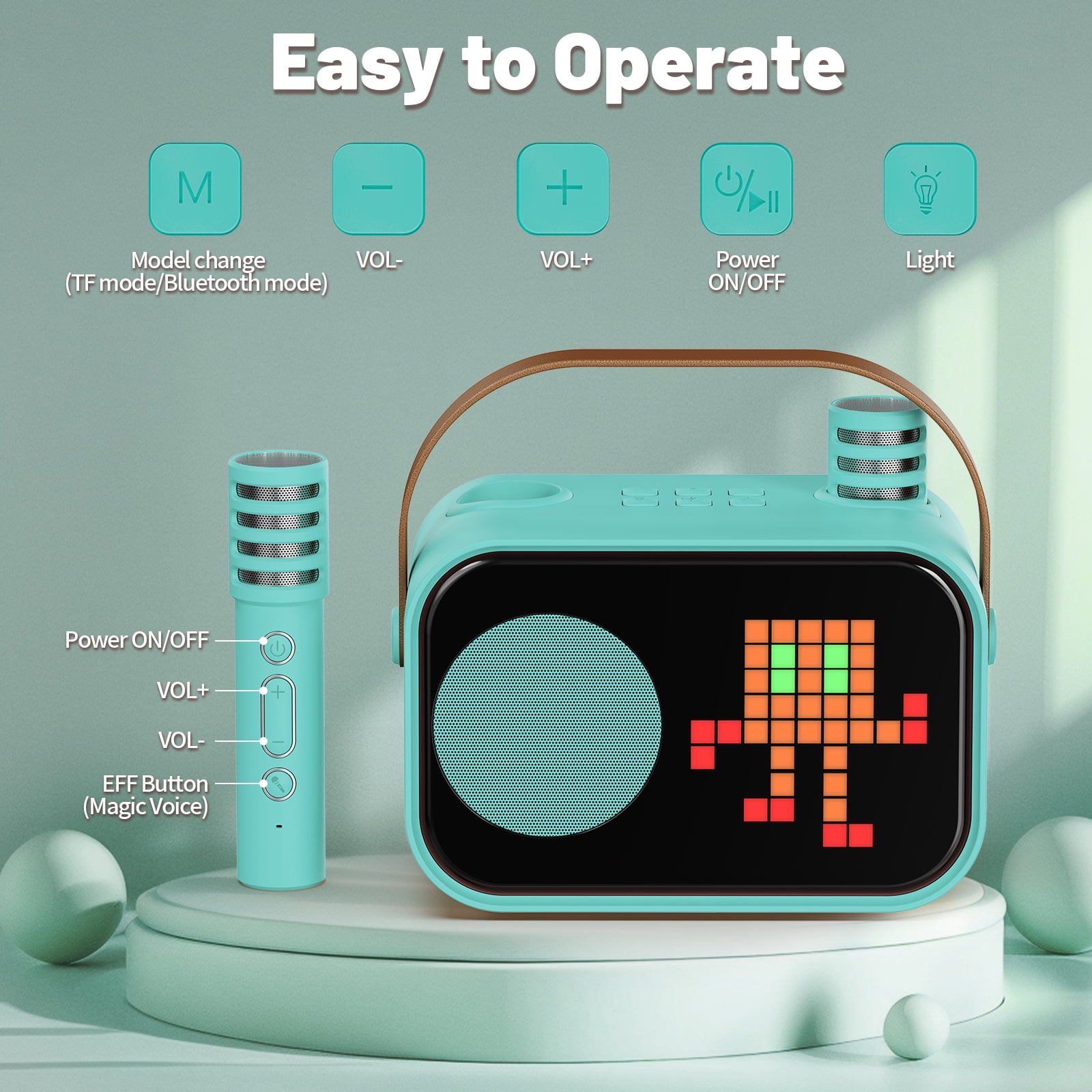 JYX Karaoke Machine for Kids Adults, Portable Bluetooth Speaker with 2 Mic, Party Speaker with 15+ Pixel Animation for Singing, D58G-T
