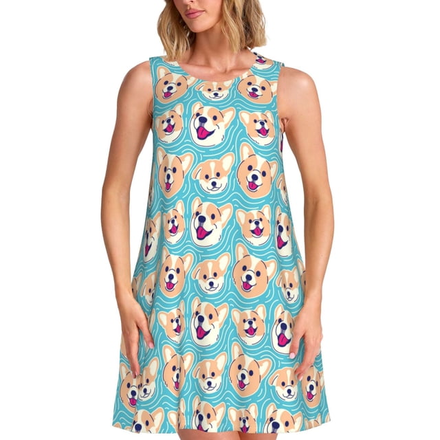 Easygdp Cute Corgi Head para Vestido Transpirable de Mujer, Vestido Suelto de Manga Corta con Pliegues y Bolsillos para el Verano
