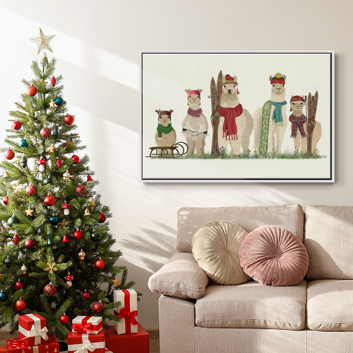 Llama Family Winter Sports - Framed Gallery Wrapped Holiday Canvas - 17 x 25 - White Frame
