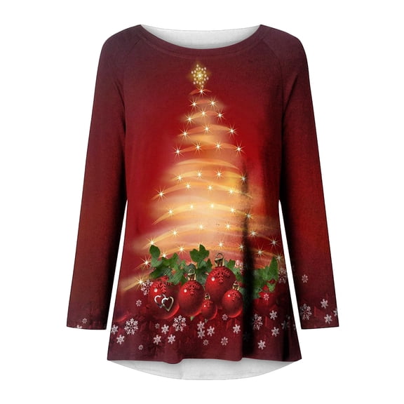 Brilliant Women Long Sleeves Floral Casual Shirts Solid Pullover Loose Tunic Tops Christmas Tree Print Round Neck Long Dleeve Blouse