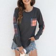 thumbnail image 2 of Top de mujer con cuello redondo, blusa holgada de manga larga con retales a cuadros, blusa para mujer con bolsillo en el pecho, Rojo M, 2 of 6