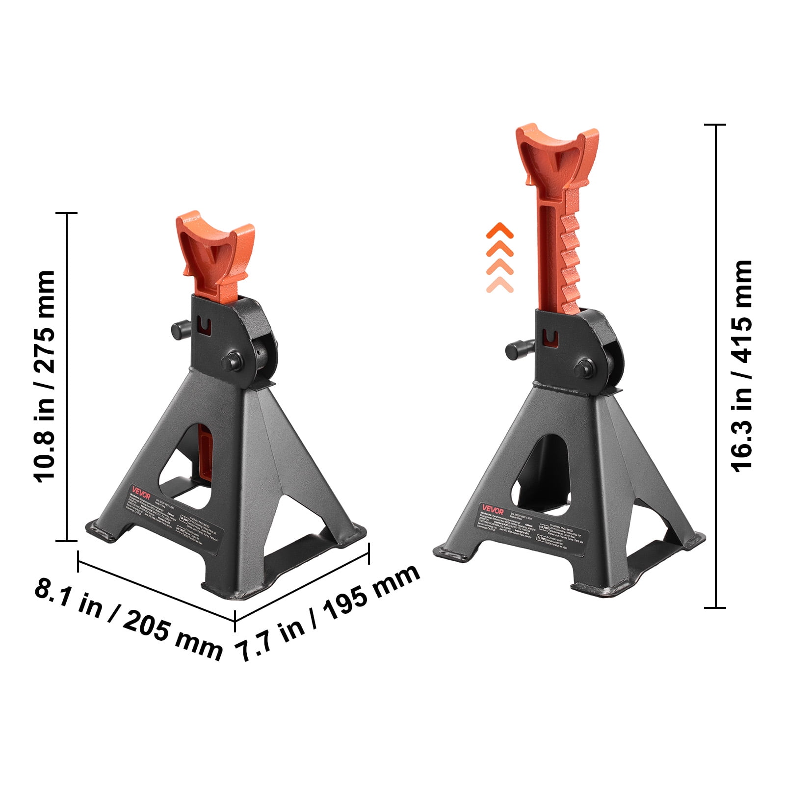 VEVOR Jack Stands, 3 Ton (6,600 lbs) Capacity, 10.8-16.3 in Adjustable Height, Heavy Duty Steel Jack Auto Stands with Locking, for Lifting SUV, Pickup, Car and UTV/ATV, 1 Pair, Black and Orange