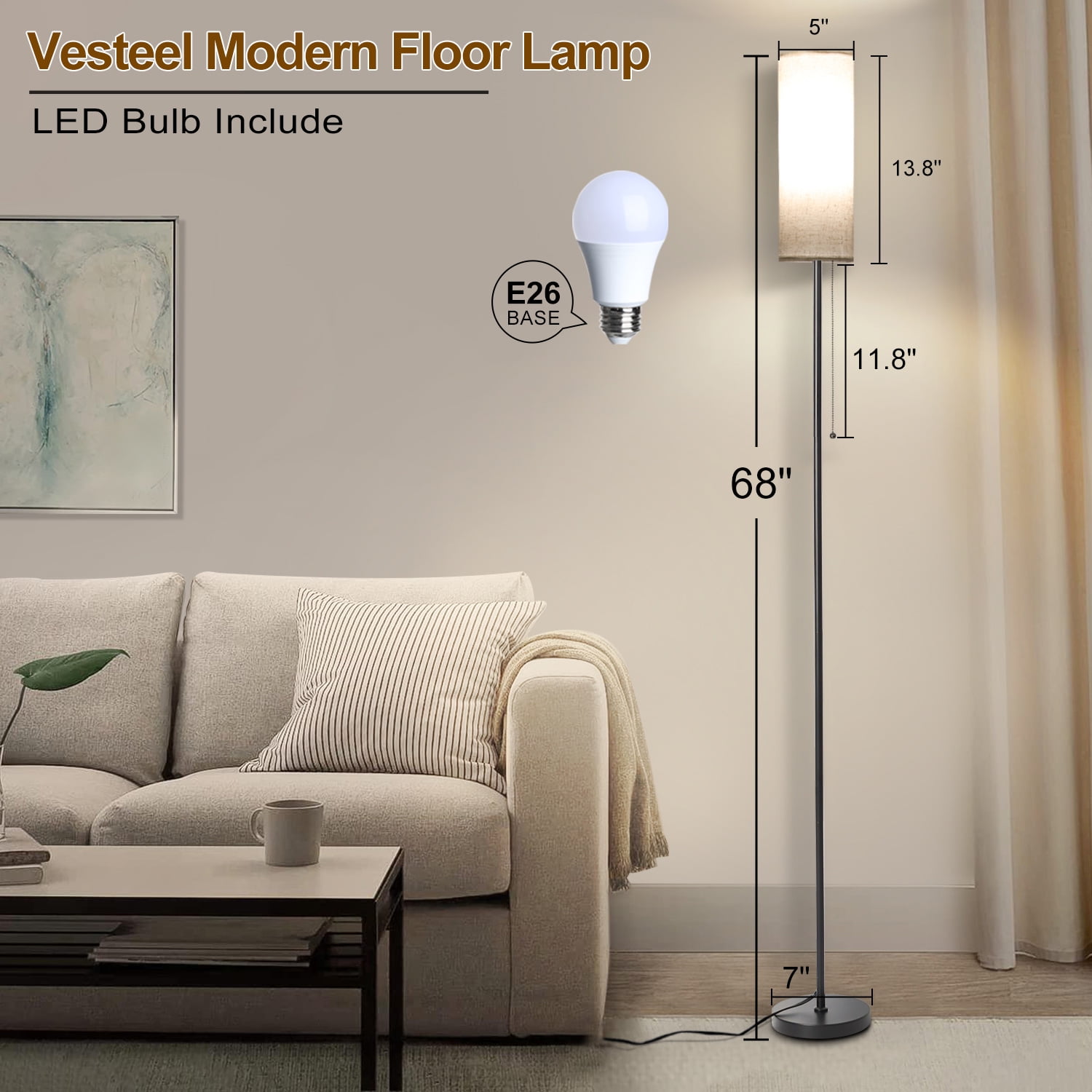 Vesteel Floor Lamp for Living Room, Modern Standing Lamp with 3 Color Temperatures & Linen Lampshade, Pole Lamp for Bedroom Living Room Office, Black