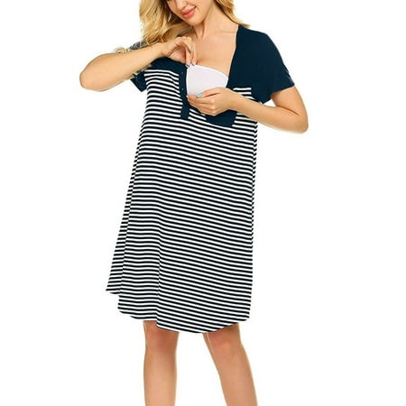 

asdoklhq Maternity Clothes for Women Clearance Women Short Sleeve Pocket Striped Nursing Dress For Breastfeeding