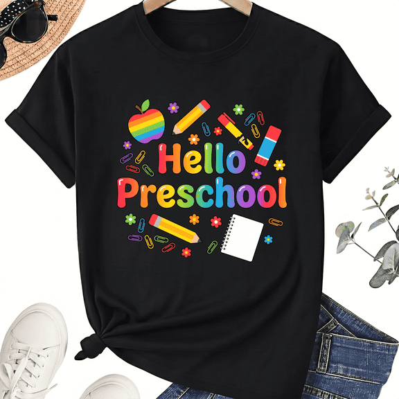 Hello Preschool Teacher T-Shirt for Women, 100% Cotton Crew Neck Short Sleeve Shirt, Colorful Supplies Graphic