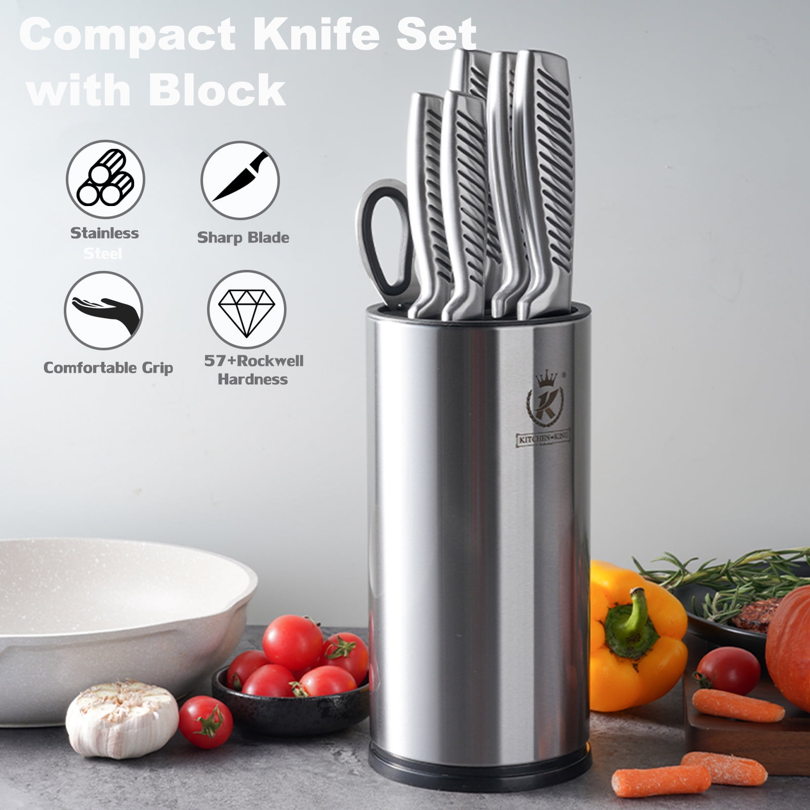 Kitchen Knife Set, 7-Piece Compact Knife Block Set with Universal Knife Block, Sharp Stainless Steel Chef Knife Set for Home Apartment Restaurant, Kitchen Knives Set Gifts for Men Women