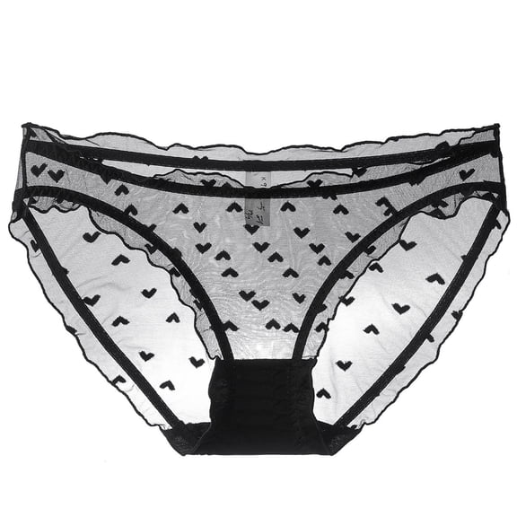 Sheer Heart Print Panties for Women Black Lace Trim Mesh Comfortable Briefs Underwear S-XXL,Size M