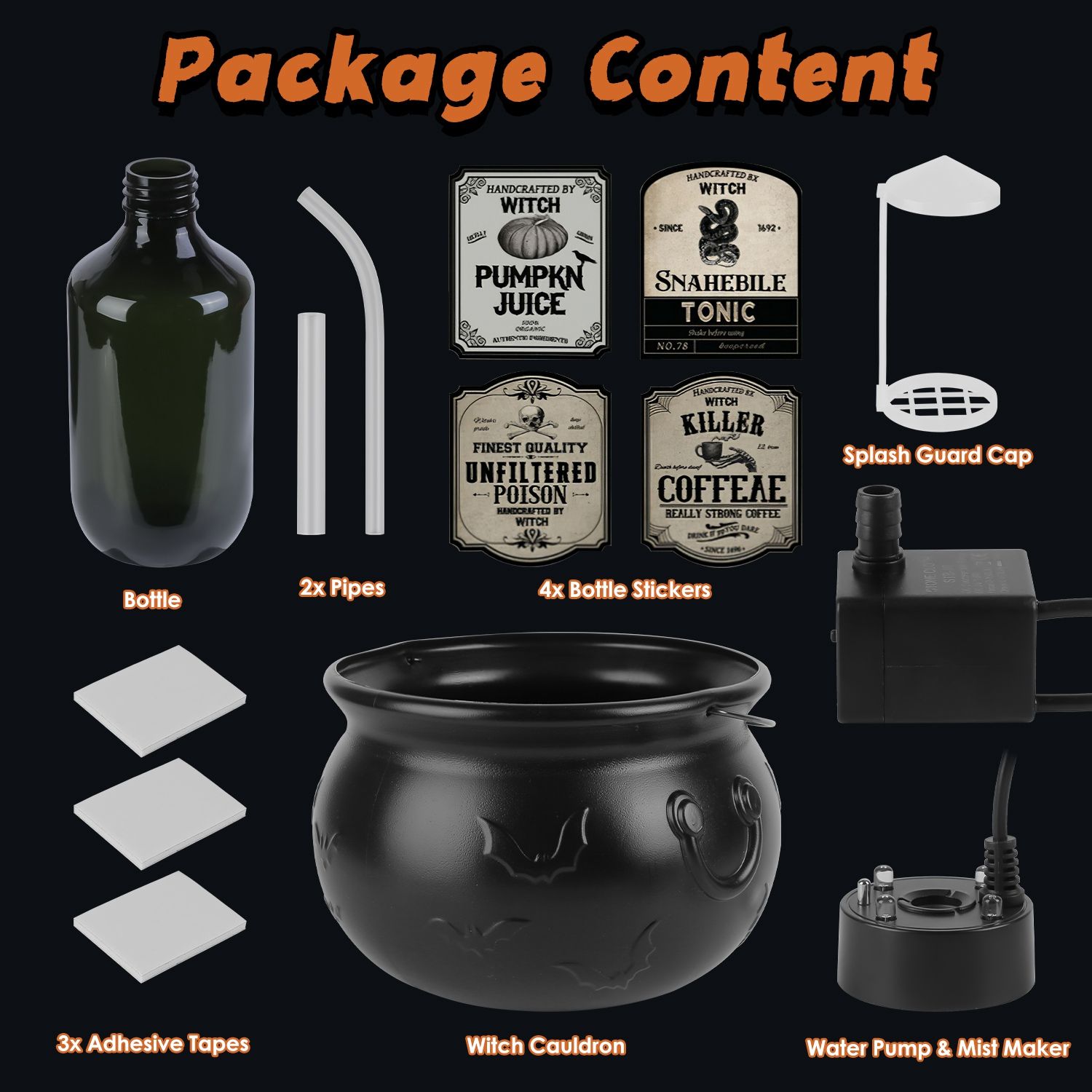 Halloween Witch Cauldron Floating Bottle Set with Green Mist Light USB Powered for Party Decor