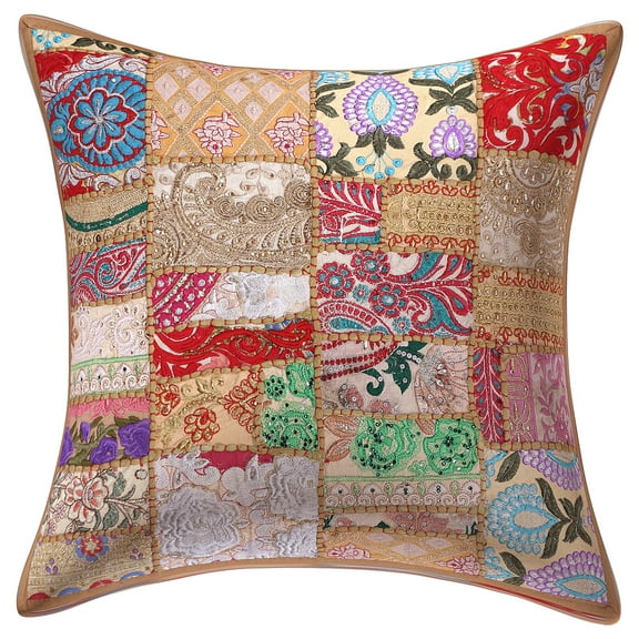Stylo Culture Indian Cotton Living Room Throw Pillow Sham Cover Khaki 20x20 Bohemian Vintage Patchwork Indian Couch Cushion Cover 50 x 50 cm Decorative Abstract Square Pillowcase | 1 Pc