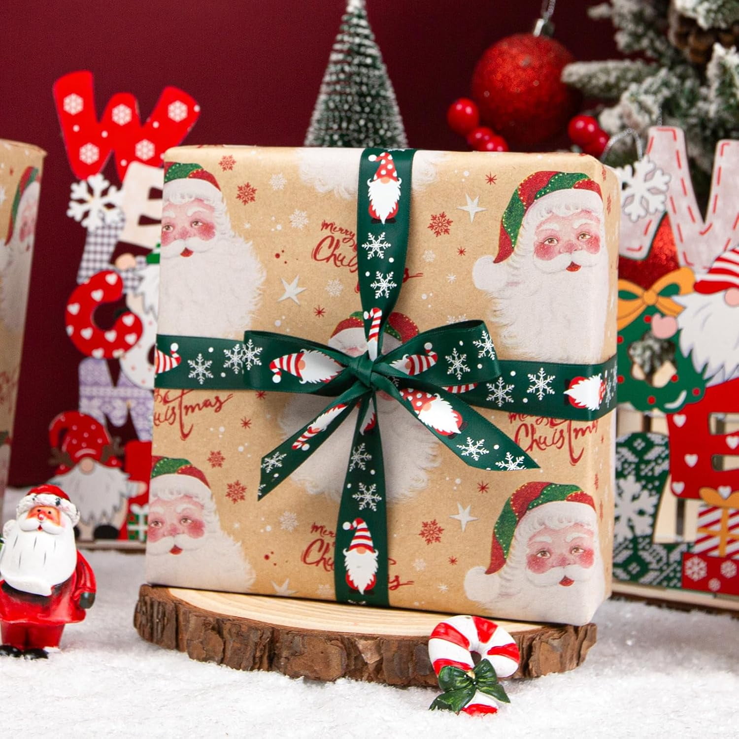 Christmas Wrapping Paper, Brown Kraft Santa Claus Design Gift Wrapping Paper Suitable for Christmas, Mini Roll (17 Inch X 32.8 Feet)