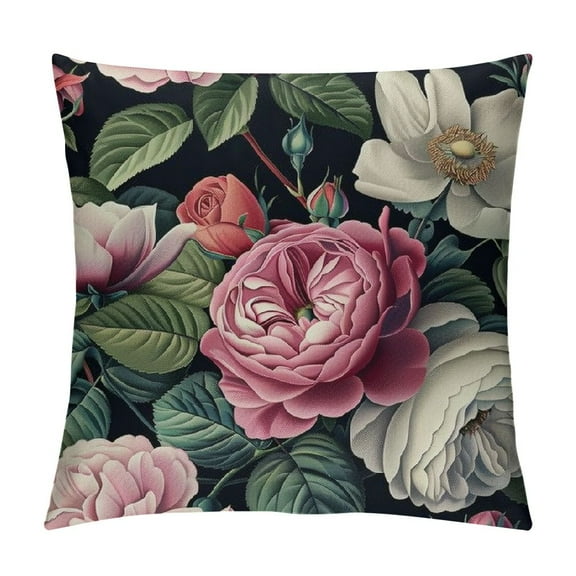 Creowell Floral Flowers Garden Night,Printed Throw Pillow Square Decorative Pillow for Sofa, Chair, Daybed,Pink Black