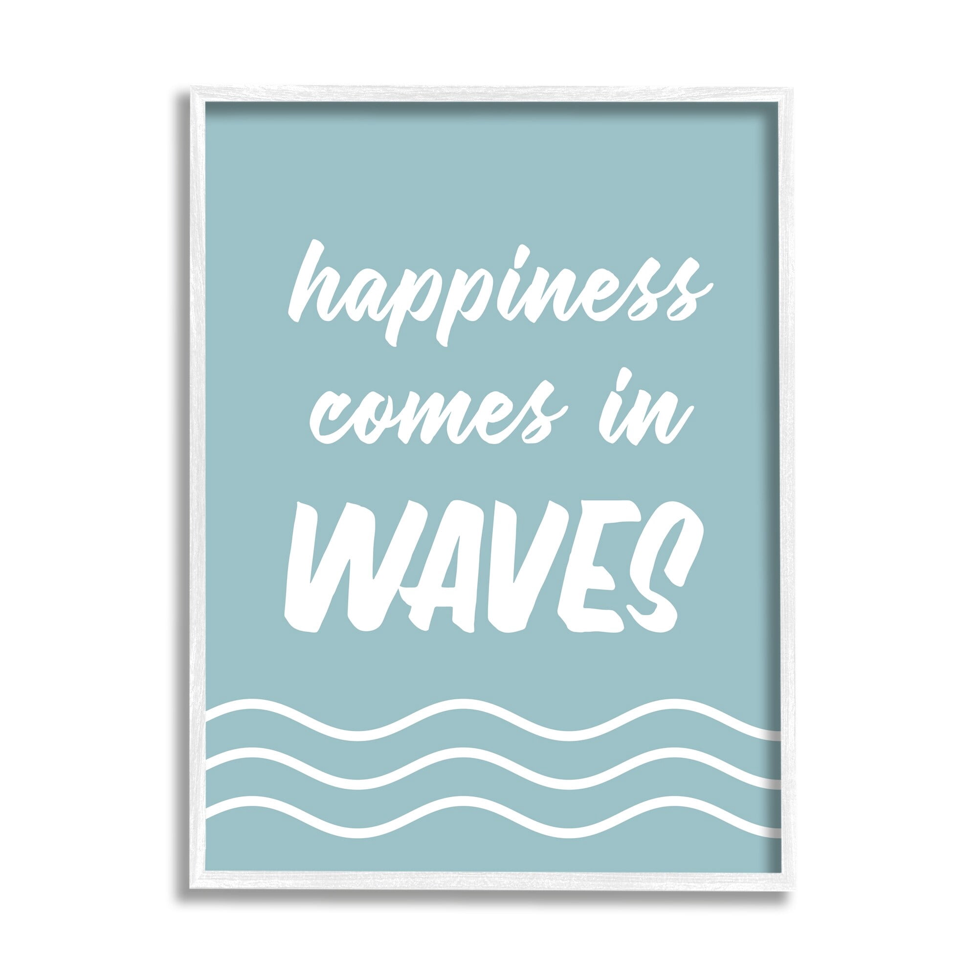 Stupell Industries Happiness Beach Water Waves Uplifting Cursive Phrase Graphic Art White Framed Art Print Wall Art, Design by Lettered and Lined