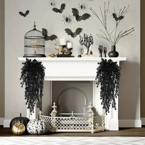 Uklsqma Halloween Artificial Leaf Rattan Garland Black Plastic Hanging Decoration 29.9In Durable Indoor Outdoor Party Fireplace Decor | Halloween Thanksgiving Wedding Table Accent