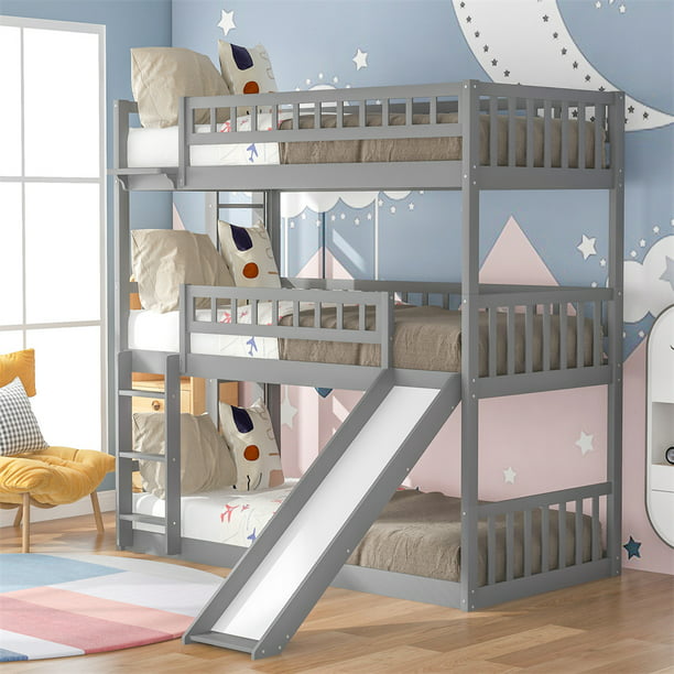 Triple Bunk Bed With Slide And Shelf, Large Bunk Bed With Slide