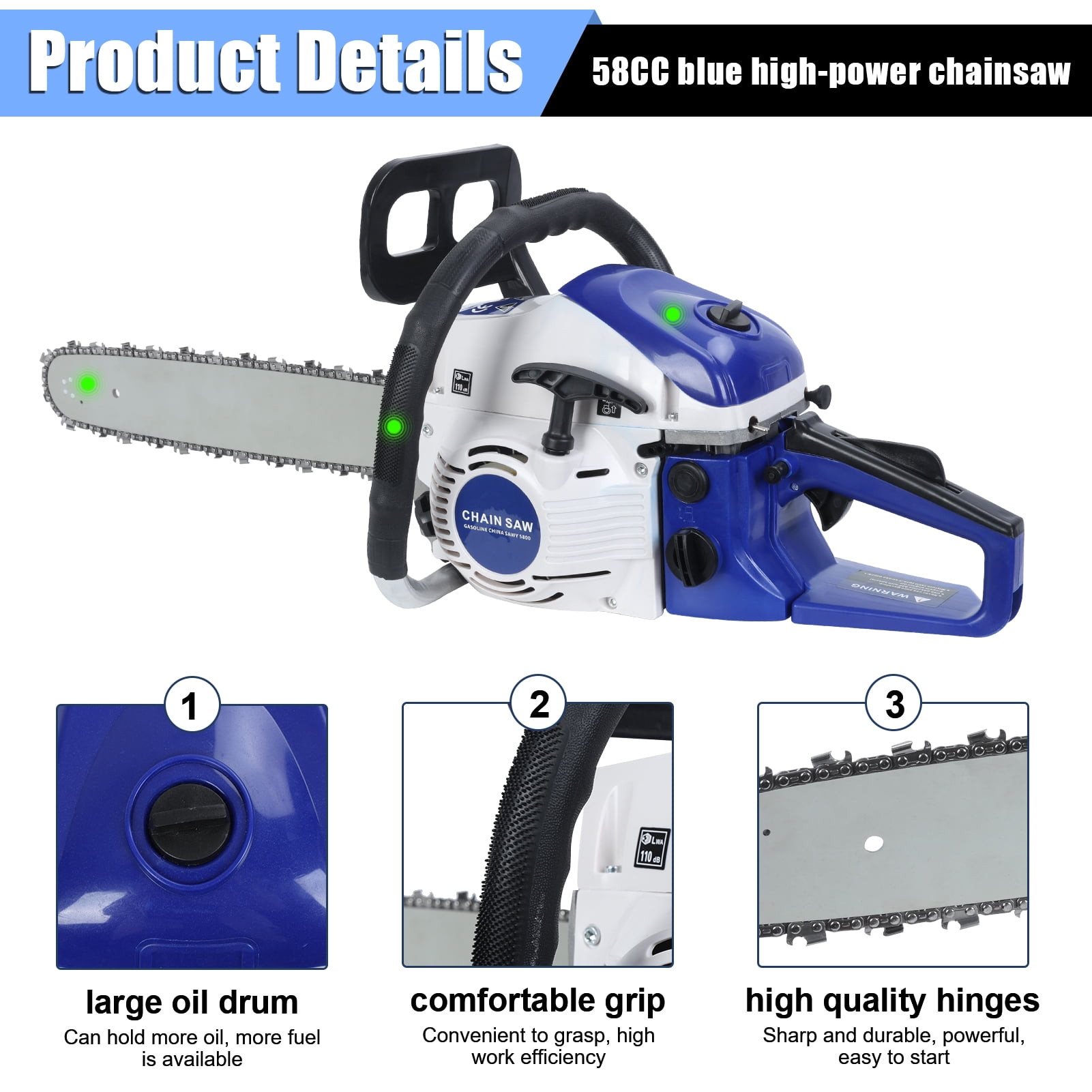 Yifeus 58CC Gas Chainsaw, 20 Inch Power Chainsaw, 2-Cycle Handed Petrol Chainsaws for Tree Cutting, Gardens and Farms