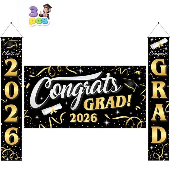 3Pack Graduation Decorations Class of 2026,Congrats Grad 2026 Backdrop Banner and Hanging Porch Signs,Black Gold Graduation Party Supplies for High School College Party,Photography Props