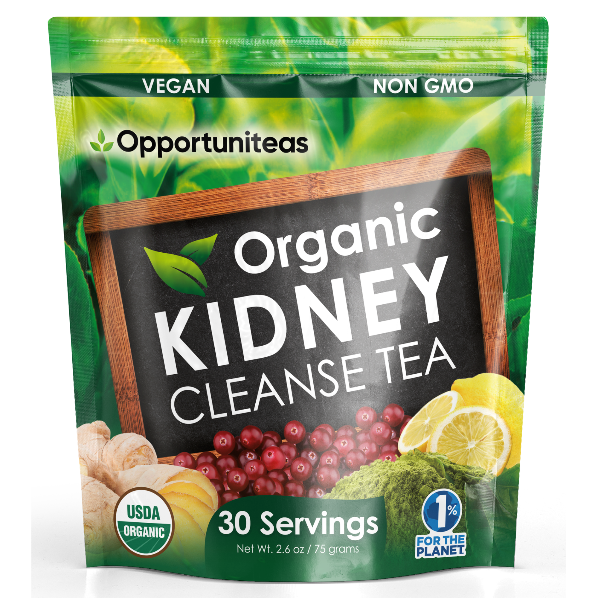 Opportuniteas Organic Kidney Cleanse Detox & Repair Tea - Matcha Green Tea, Cranberry, Lemon & Ginger. 4 Cleansing Superfoods For Drinks. Vegan & Non-GMO - 30 Servings