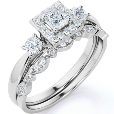 JeenMata 1.5 ct Princess Cut Moissanite - 3 Stone Art Deco - Halo Ring & Scalloped Band - Vintage Wedding Ring Set in 18K White Gold Plating for Women