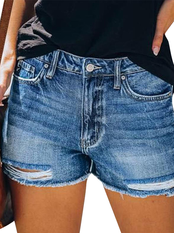 S-XXL Happy Sailed Womens Ripped Denim Jean Shorts Casual Mid Rise Folded Hem Jeans Shorts with Pocket