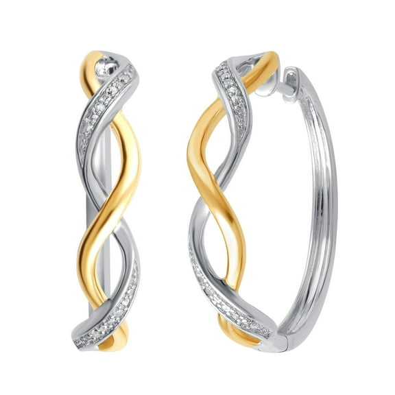 Luxurious 0.02 Cttw Natural Diamond Accent Two Tone Twisted Hoop Earrings In 14K White Gold Plated