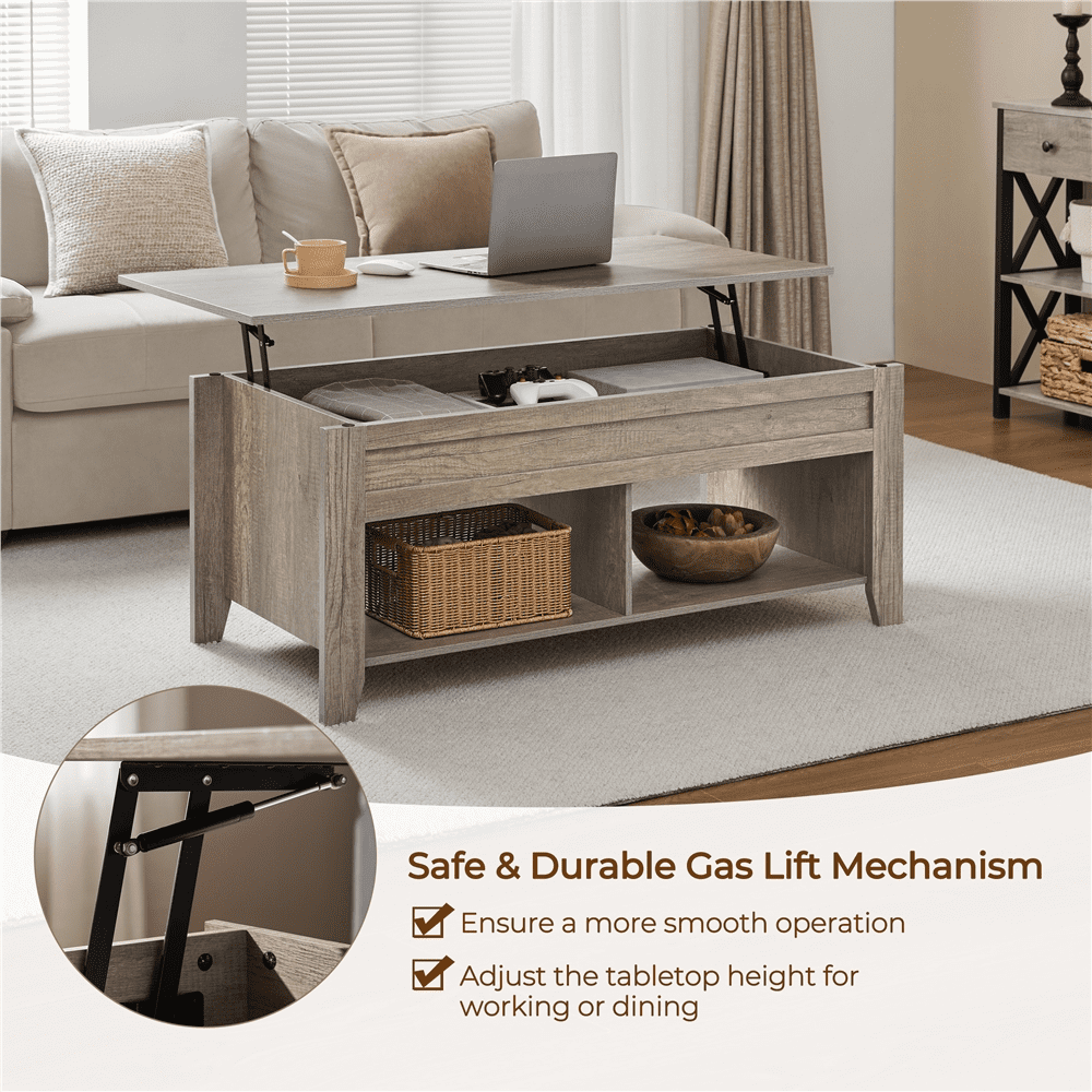 Alden Design 41" Wooden Lift Top Coffee Table with 2 Storage Compartments for Living Room, Rustic Gray