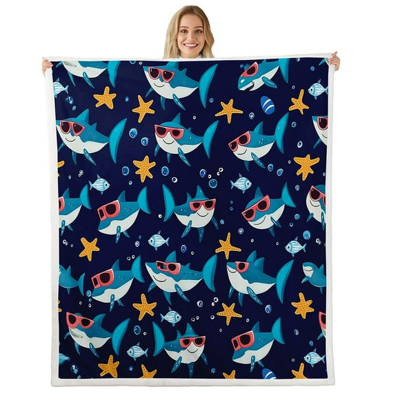 Shark Blanket Cute Coastal Creature Throw Blanket 60"x80",Nautical Sea Animal Fleece Blanket Ocean Fish Bed Blanket,Yellow Starfish Hawaii Beach Decor for Sofa Couch Travel Camping