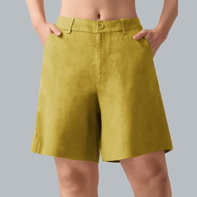Ovticza Bermudas pour Femmes Séchage Rapide Légers Shorts en Lin Golf Randonnée Voyage Shorts Jaune TG