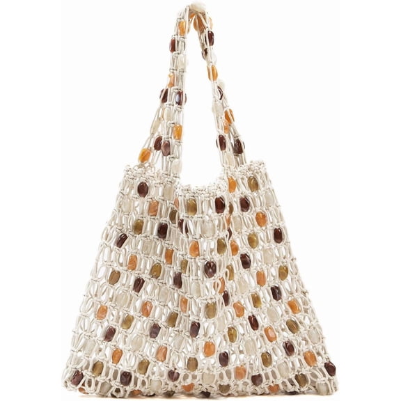 Boho Crochet Beaded Shoulder Bag for Women Summer Tote Handbag
