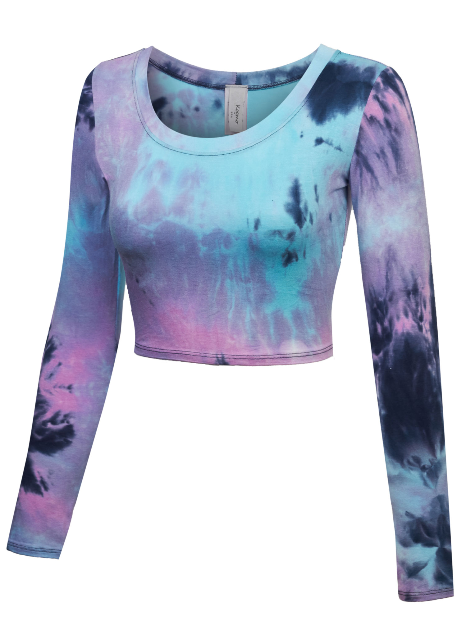 KOGMO Womens Long Sleeve Crop Top Tie Dye Round Neck T Shirt - Walmart.com