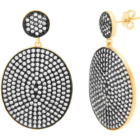 Lesa Michele Dangling Pave Cubic Zirconia Two-Tone Sterling Silver Round Disc Post Earrings