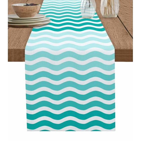 Geometric Turquoise Ombre Table Runner Cotton Linen 72 Inch Holiday Dresser Scarves, Modern Gradient White Ocean Striped Tablerunner for Kitchen Coffee Dining Bedroom Dinner Scarf Décor 13''x72''