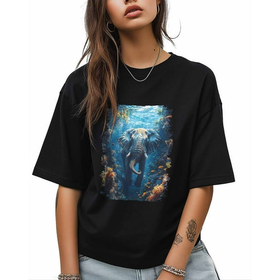 T Shirts for Women Short Sleeve Cotton Crewneck T-Shirt, Ocean Underwater World Coral Elephant Tee Tops Casual Basic T-Shirts, XS-5XL Black M