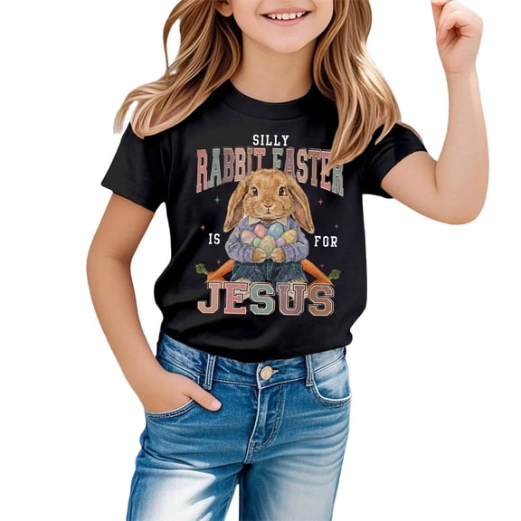 WOYY Easter Graphic Tee for Girls Cute Bunny Print Short Sleeve O Neck T-Shirt, Sizes 1-13