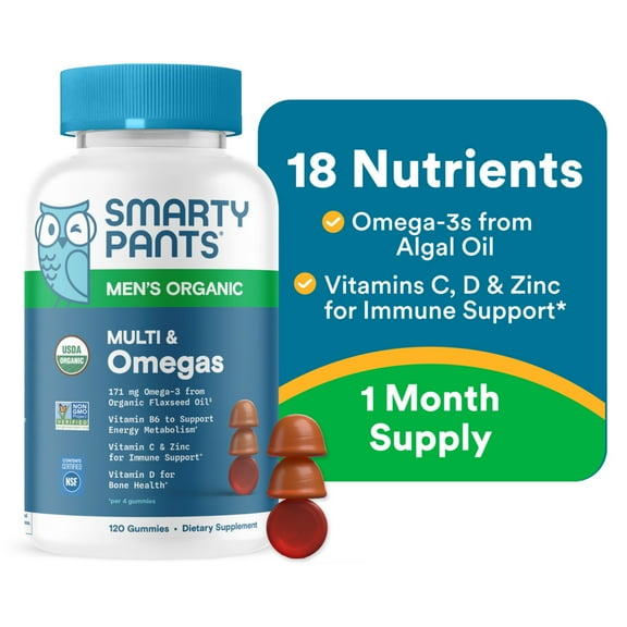 SmartyPants Organic Men's Multi & Vegetarian Omega 3 Gummy Vitamins with D3, C & B12 - 120ct
