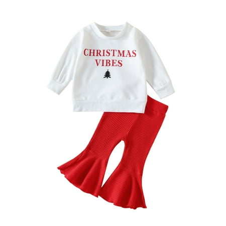 

Toddler Girls Outfit Baby Kids Suit Christmas Letters Long Sleeve Ribbed Top Bell Bottom Pants 2Pcs Set Outfits