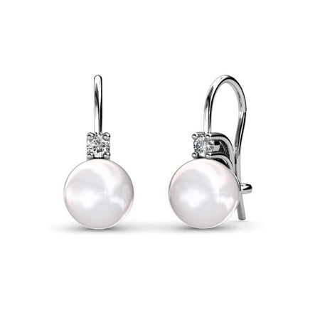 Cate & Chloe Cassie Refined 18k White Gold Pearl Drop Earrings w/ Swarovski Crytals, Women's Gold Earrings, Pearl Dangle Earrings for Women, Wedding Anniversary Special Occasion Jewelry - MSRP $119