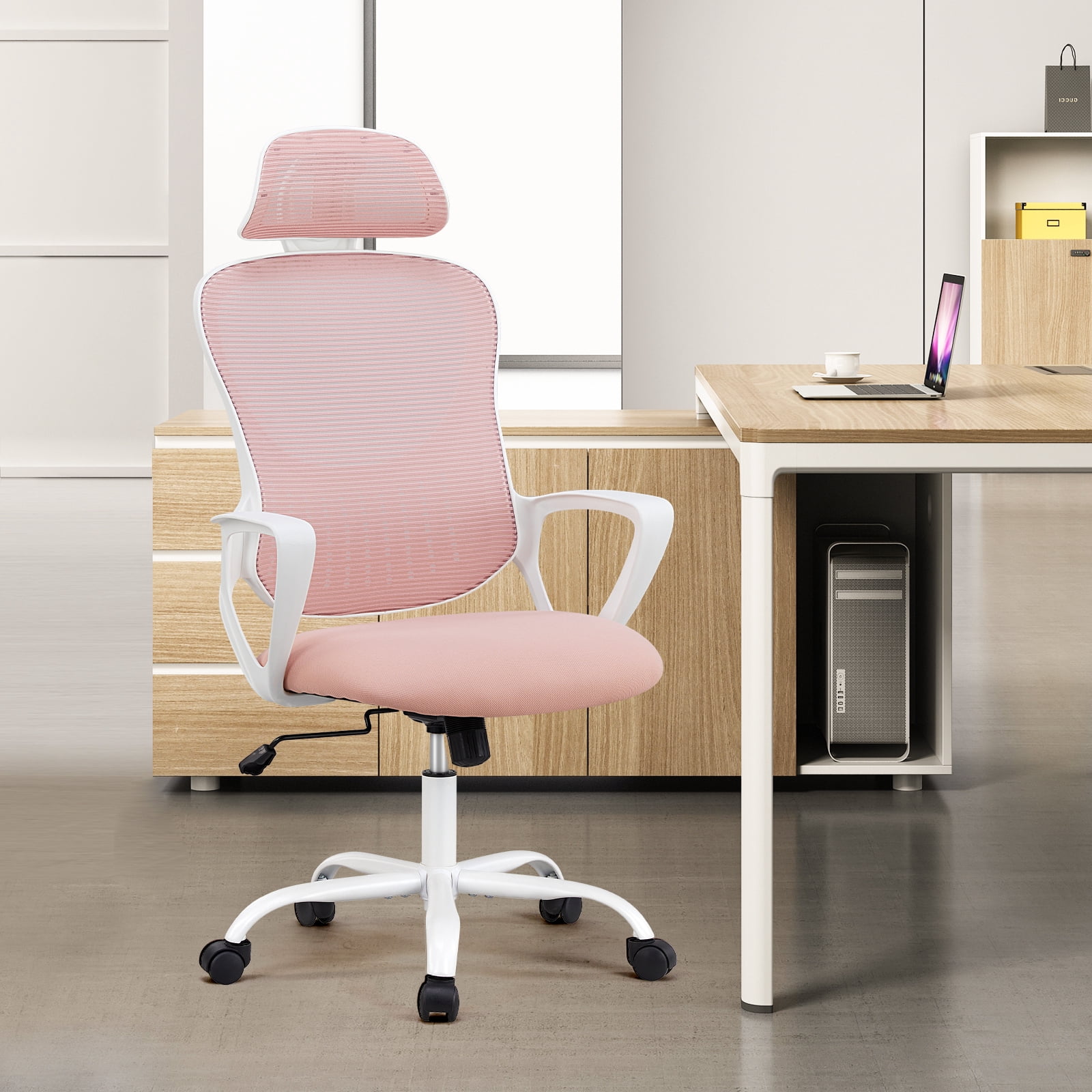 CONCETTA Ergonomic Office Chair, High Back Mesh Computer Swivel Chair with Adjustable Headrest, Pink