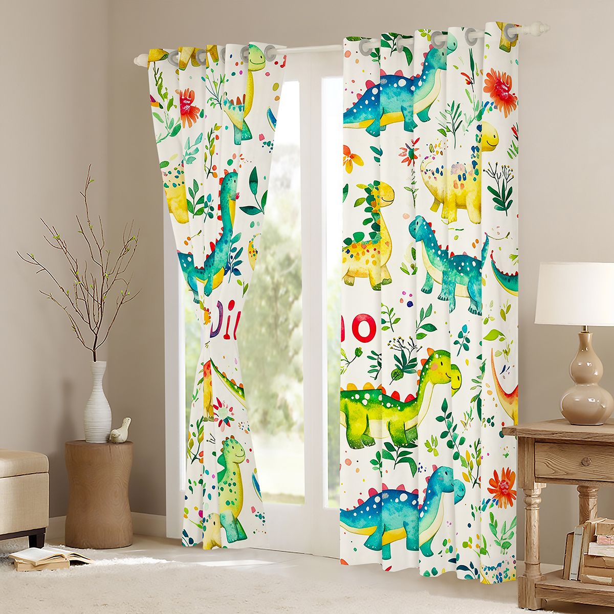 Homewish Safari Animaml Dinosaur Blackout Curtains Set of 2 (52x84 Each),Watercolor Graffiti Dino Window Curtains,Beige Green Blue Curtains and Drapes For Boy Kids,Microfiber Bedroom Decor