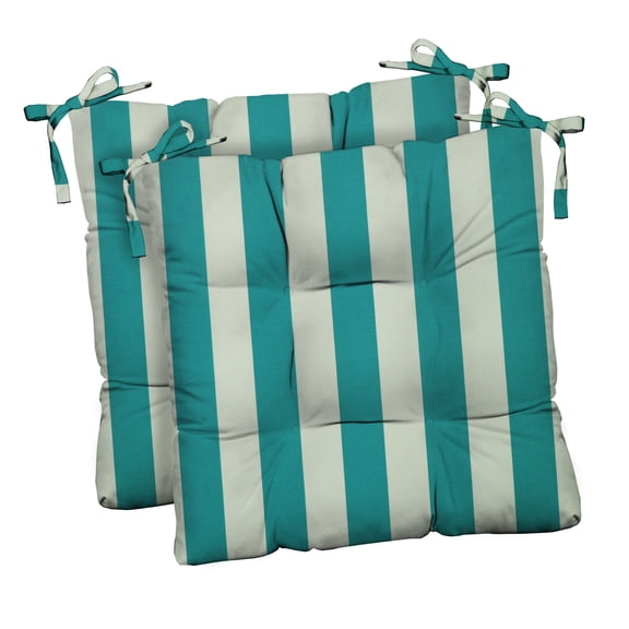 RSH Décor Indoor Outdoor Set of 2 Tufted Dining Chair Seat Cushions, 20" x 18" x 2", Cancun & White Stripe