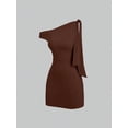 thumbnail image 3 of Mocha Brown Womens One Shoulder Ruched Bodycon Mini Dress With Tie Detail, 3 of 6